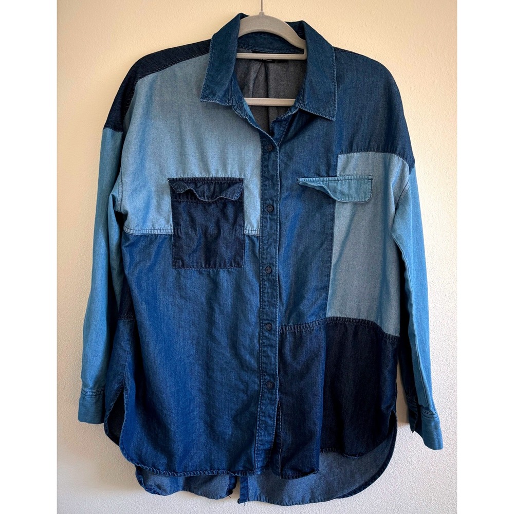 a.n.a Women Blue Patchwork Denim Shirt Long Sleeve Button Down Relaxed Large